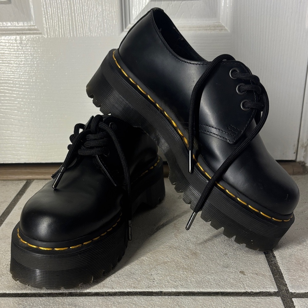 Dr. Martens Black Lace-Up Shoes with Yellow Stitching